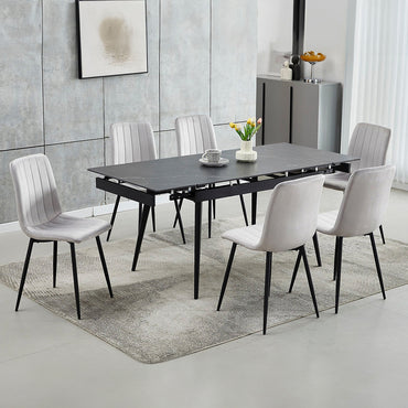 Extendable Sintered Stone Black Marble Dining Table with 6 Chairs