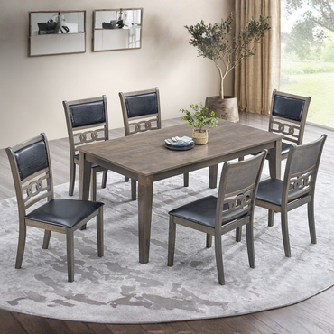 Antique Grey Dining Table with 6 Black PU Chairs