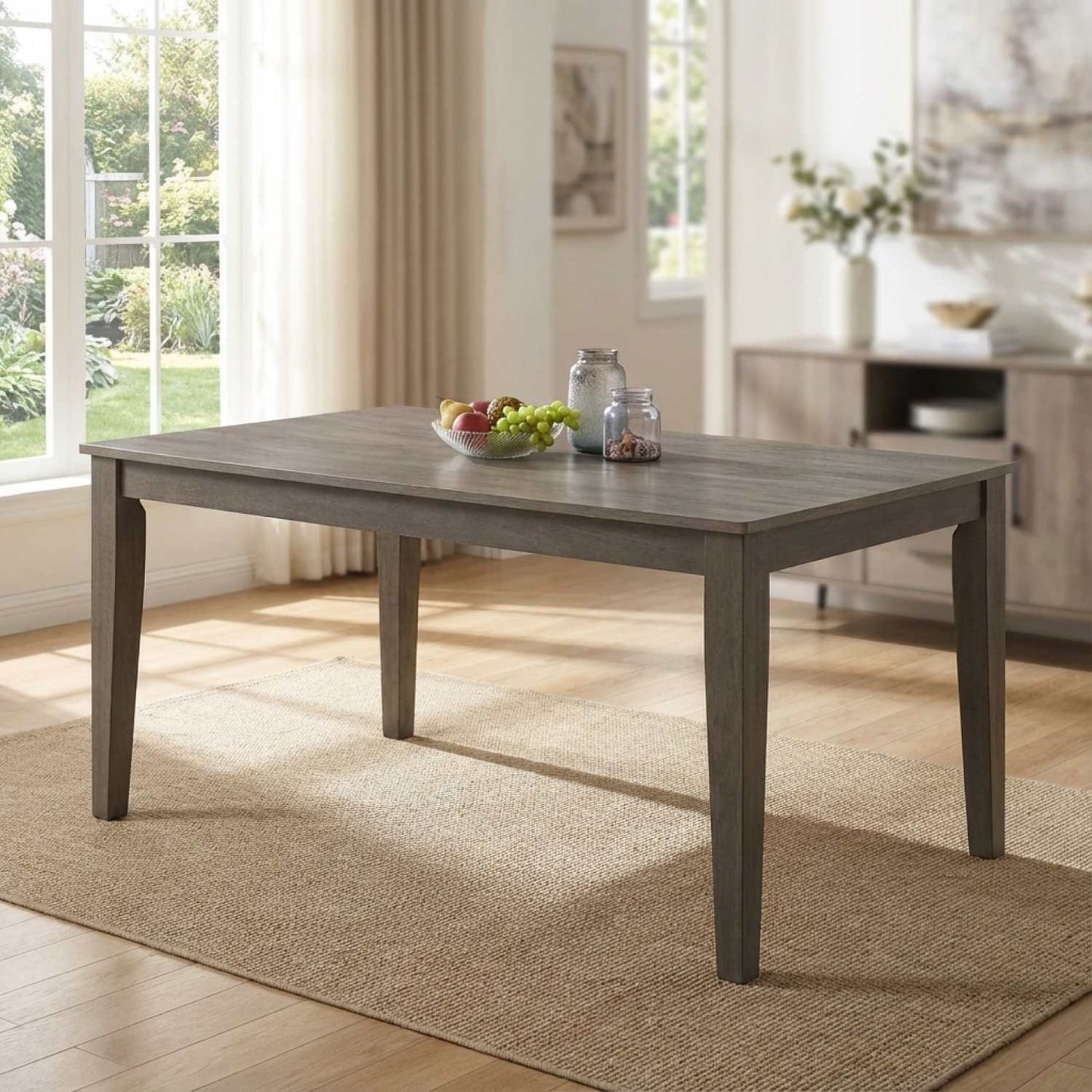 Antique Grey Dining Table with 6 Cream Wooden PU Chairs