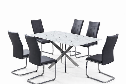 White Marble Glass Dining Table with 6 Black PU Chairs