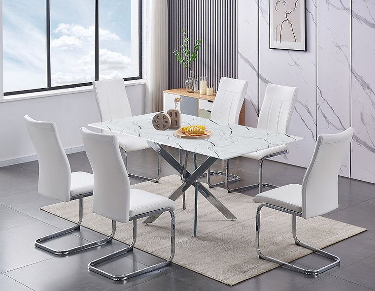 White Marble Glass Dining Table with 6 White PU Chairs