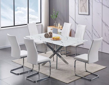 White Marble Glass Dining Table with 6 White PU Chairs