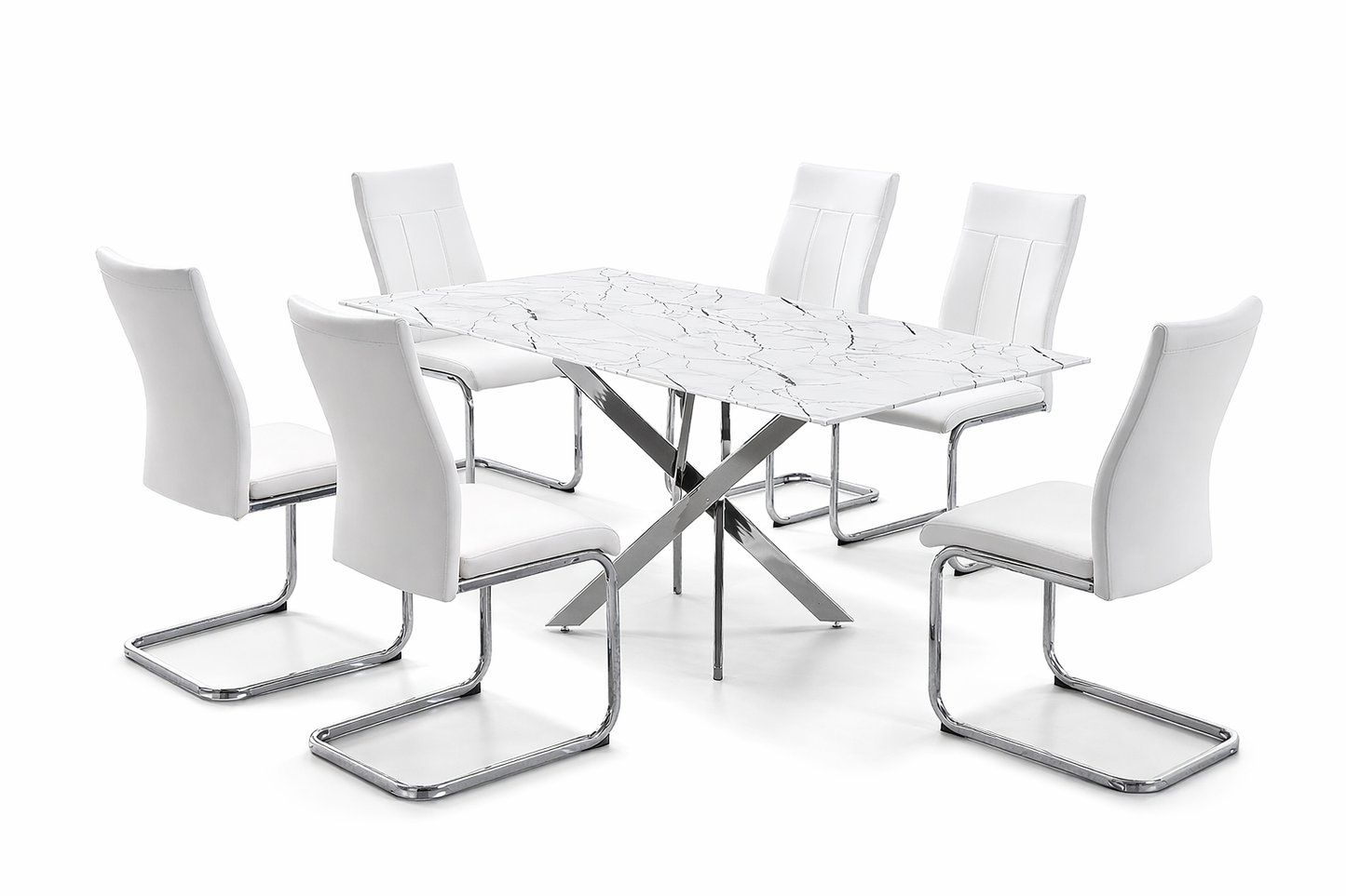 White Marble Glass Dining Table with 6 White PU Chairs
