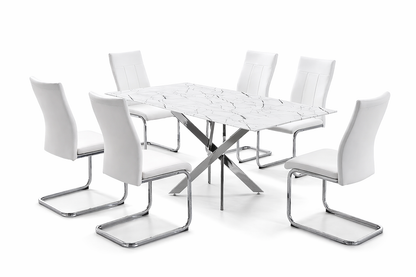 White Marble Glass Dining Table with 6 White PU Chairs