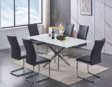 White Marble Glass Dining Table with 6 Grey PU Chairs