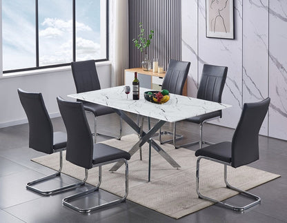 White Marble Glass Dining Table with 6 Grey PU Chairs