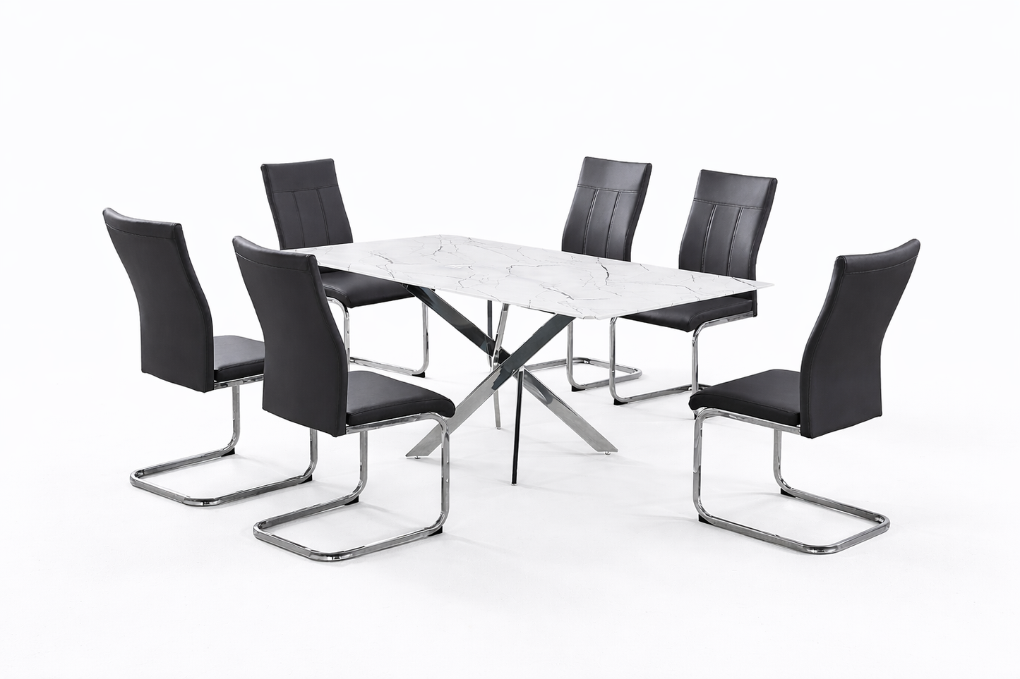 White Marble Glass Dining Table with 6 Grey PU Chairs