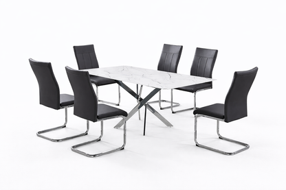 White Marble Glass Dining Table with 6 Grey PU Chairs