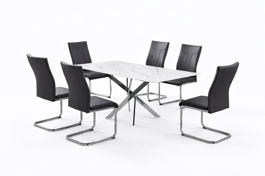 White Marble Glass Dining Table with 6 Grey PU Chairs