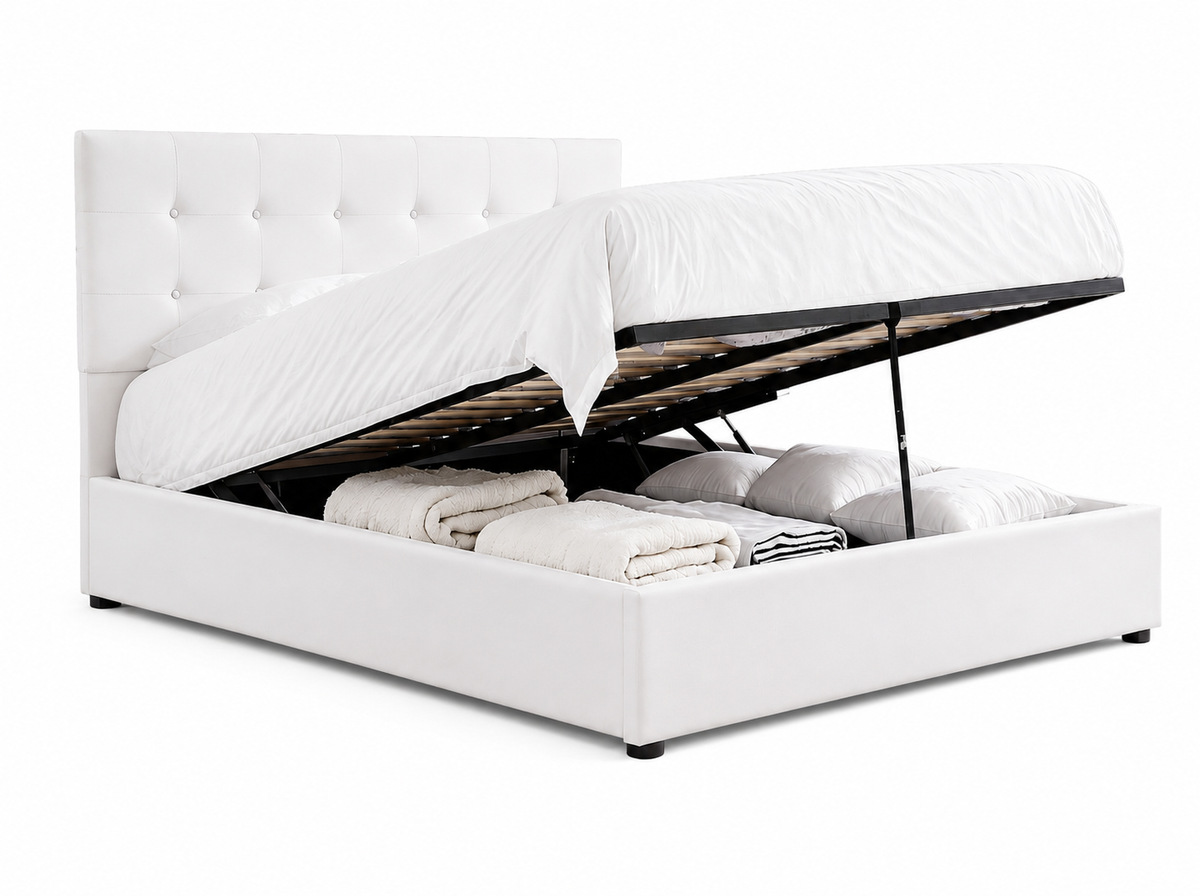 Contemporary Hydraulic Storage Bed with Tufted Headboard,Cream