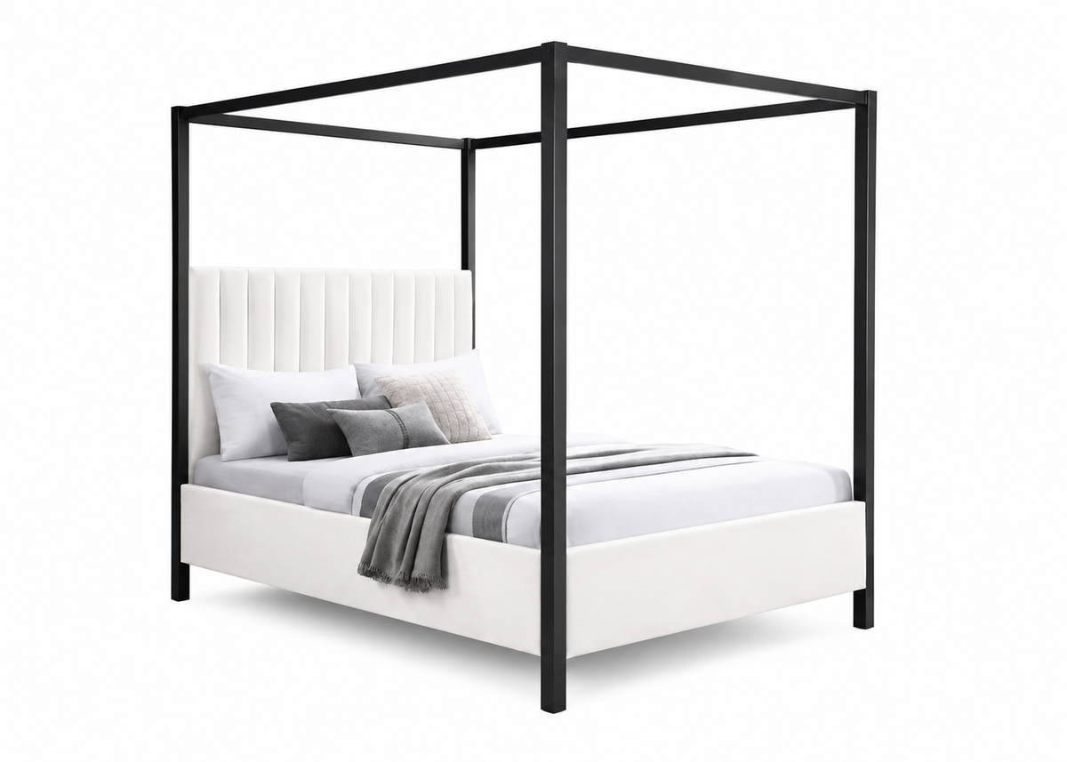 Modern Canopy Platform Bed with Upholstered Headboard,Beige & Black