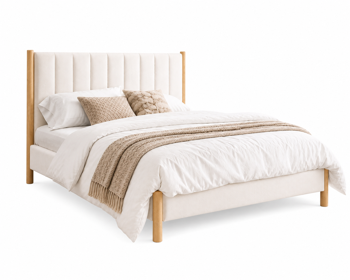 Scandinavian Channel-Tufted Platform Bed,Natural Oak & Cream
