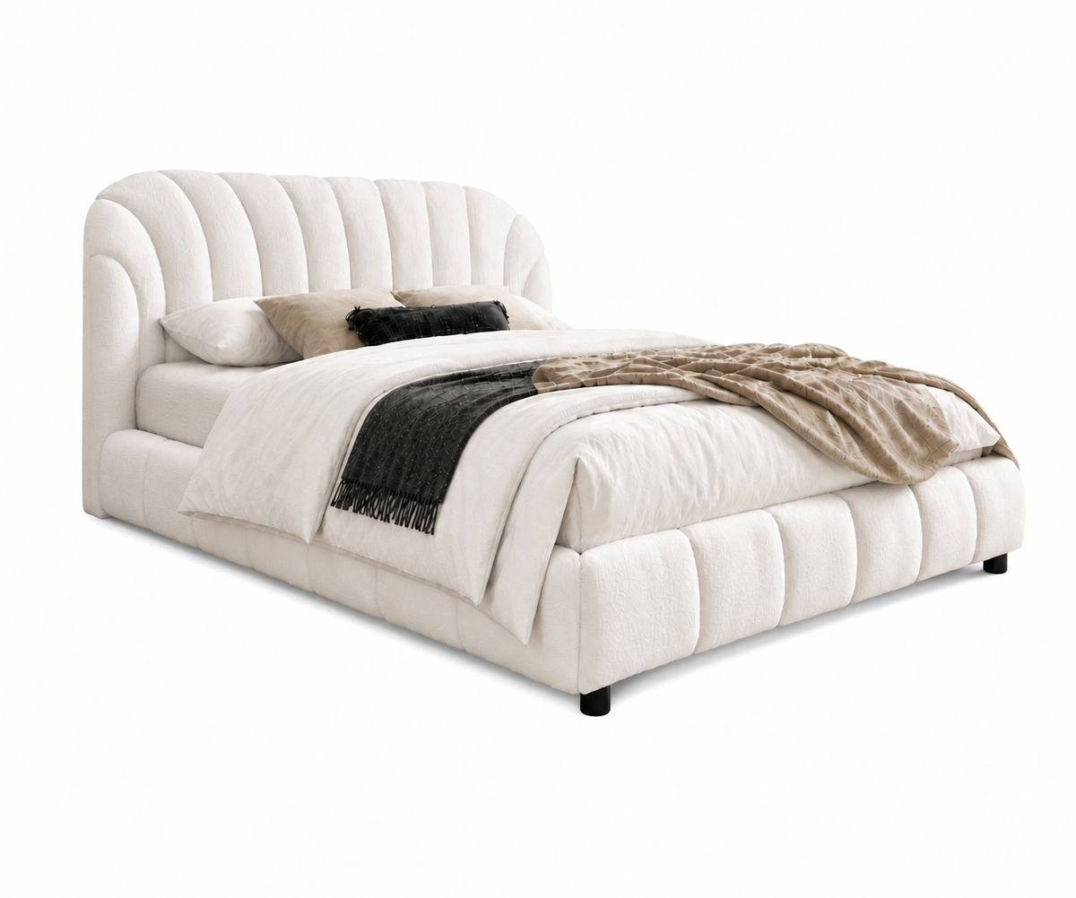 Arched Bouclé Platform Bed with Channel-Tufted Headboard,Cream