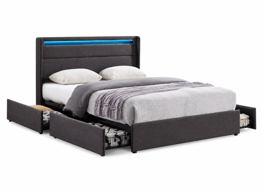 Wingback Storage Bed with LED Lights, Charging Station & Four Drawers,Grey