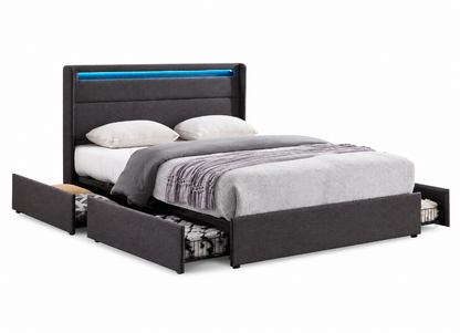 Wingback Storage Bed with LED Lights, Charging Station & Four Drawers,Grey