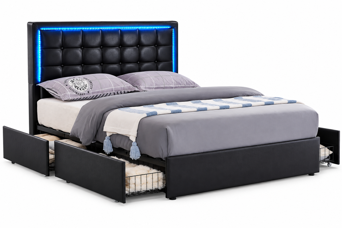 LED Storage Bed with Charging Station & Four Drawers, Black