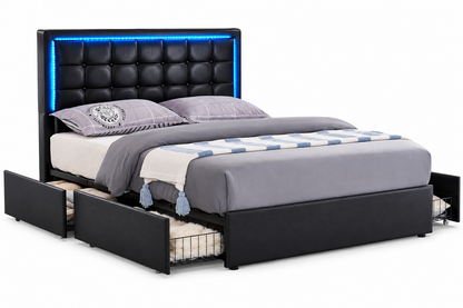 LED Storage Bed with Charging Station & Four Drawers, Black