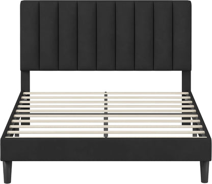 Vertical-Tufted Vegan Leather Upholstered Platform Bed, Black