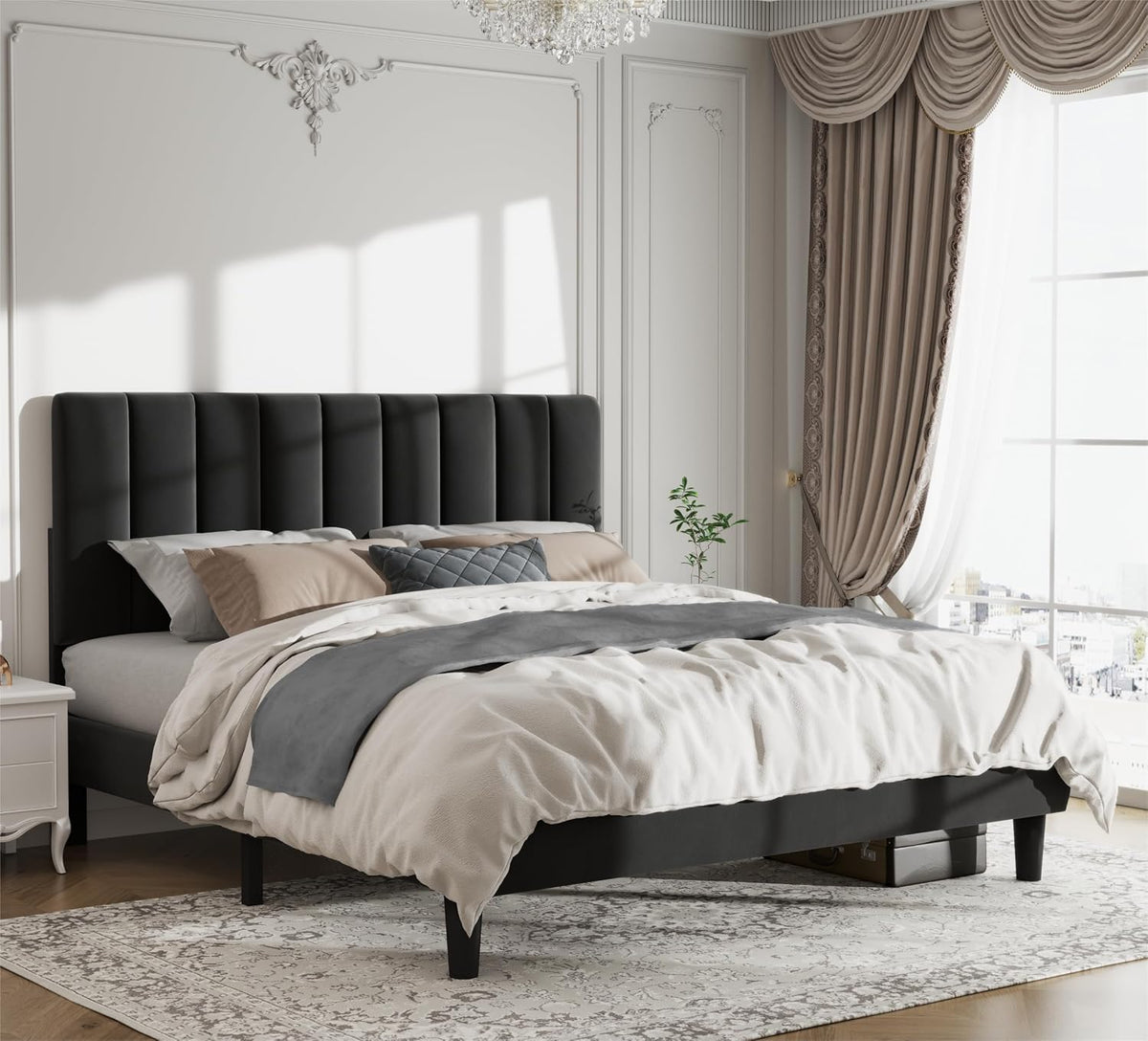Vertical-Tufted Vegan Leather Upholstered Platform Bed, Black