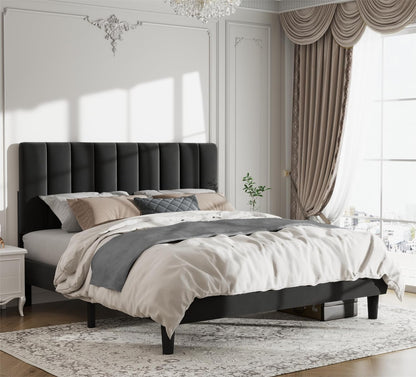 Vertical-Tufted Vegan Leather Upholstered Platform Bed, Black