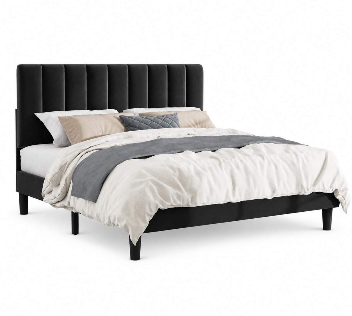 Vertical-Tufted Vegan Leather Upholstered Platform Bed, Black