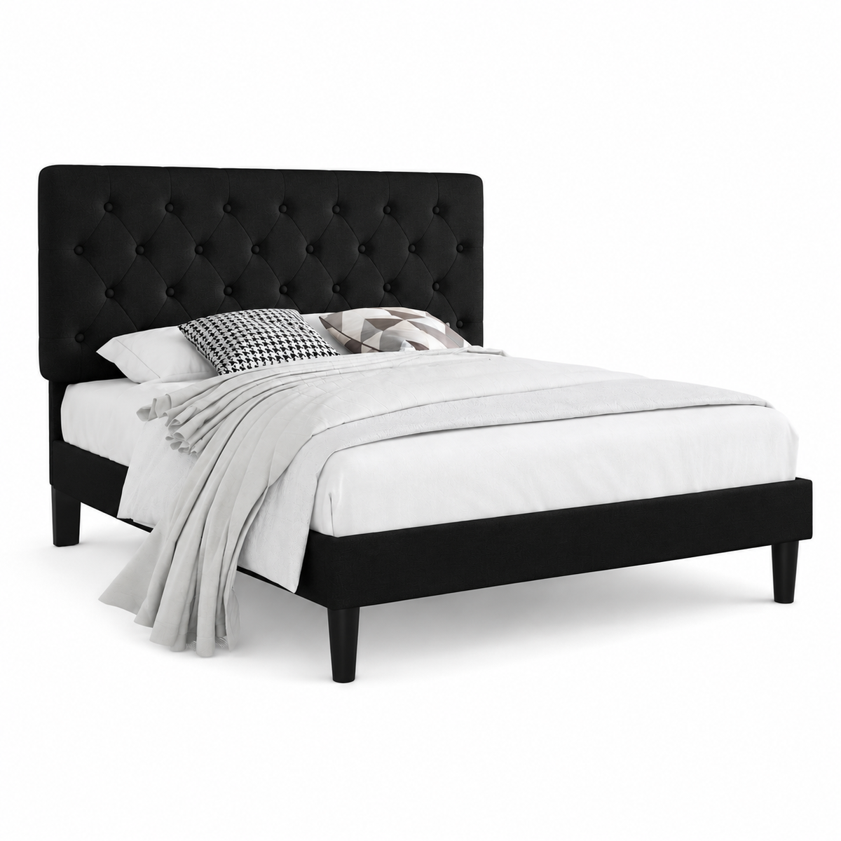 Button-Tufted Upholstered Platform Bed,Black