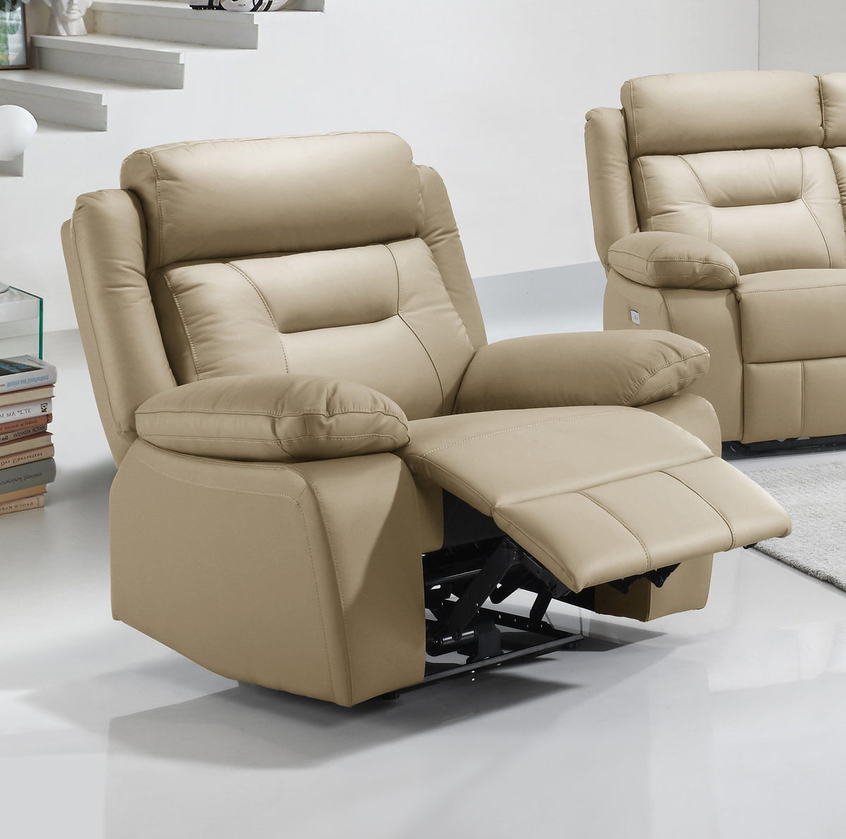 Genuine Leather Power Recliner with Charging Station, Beige