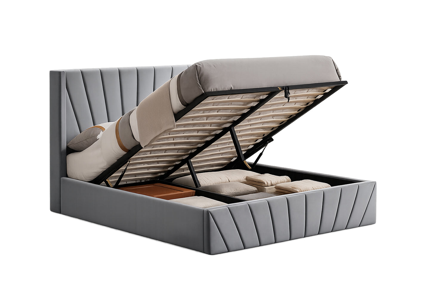 51” Wingback Headboard Fan Tufted Lift Up Storage Bed