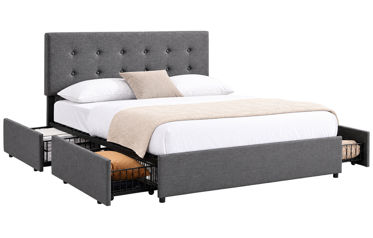 Button Tufted Upholstered Platform Bed with 4 Drawers Storage