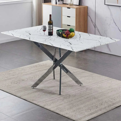 White Marble Glass Dining Table with 6 Grey PU Chairs