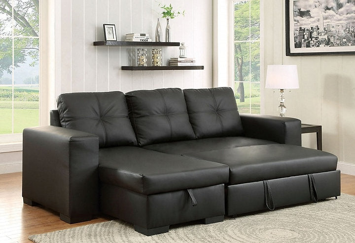 Black PU Sectional Sofa Bed, Reversible Chaise