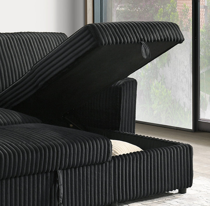 Reversible Chaise Sofa Bed Sectional – Black Fur Corduroy