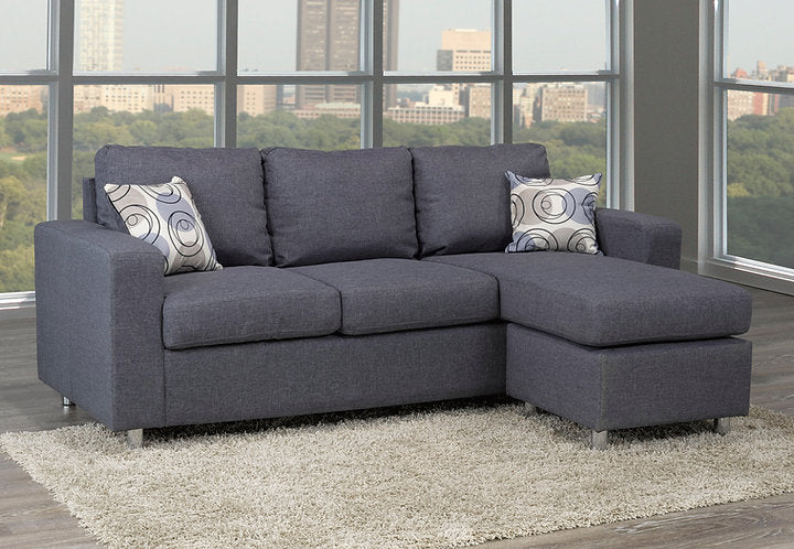 Reversible Sofa Sectional -  Grey Fabric with Chrome Legs & Accent Pillows