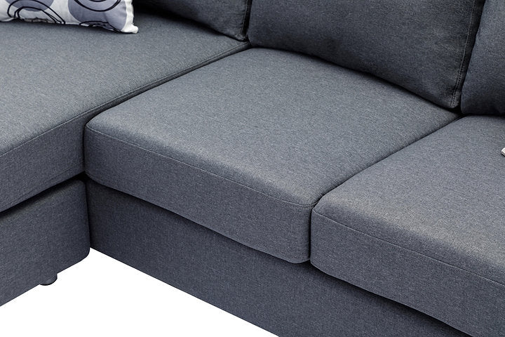 Reversible Sofa Sectional -  Grey Fabric with Chrome Legs & Accent Pillows