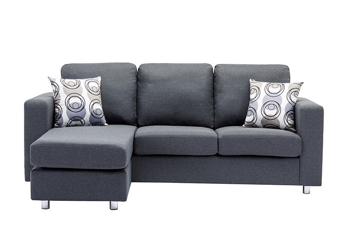 Reversible Sofa Sectional -  Grey Fabric with Chrome Legs & Accent Pillows