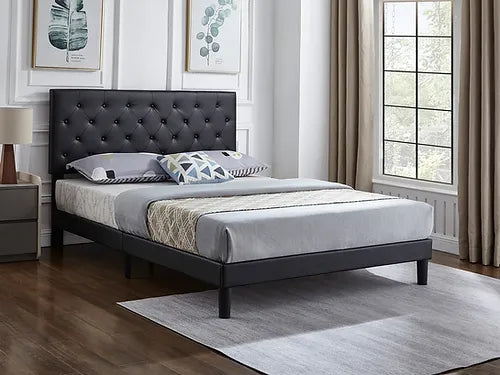 Black Vegan Leather Diamond Tufted Platform Bed Frame