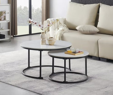 2-Piece Nested Sintered Stone Coffee Table Set – Snow White Marble & Black