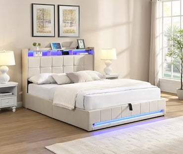 LED Hydraulic Storage Bed with Charging Station,Cream