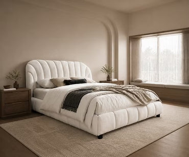 Arched Bouclé Platform Bed with Channel-Tufted Headboard,Cream
