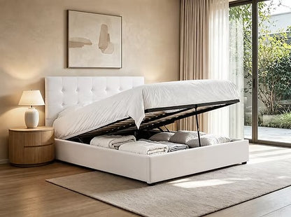 Contemporary Hydraulic Storage Bed with Tufted Headboard,Cream