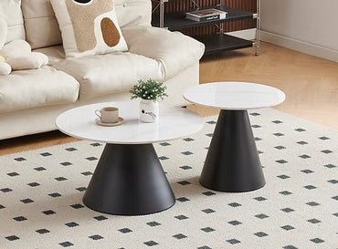 2-Piece Nested Sintered Stone Coffee Table Set – White Marble & Black