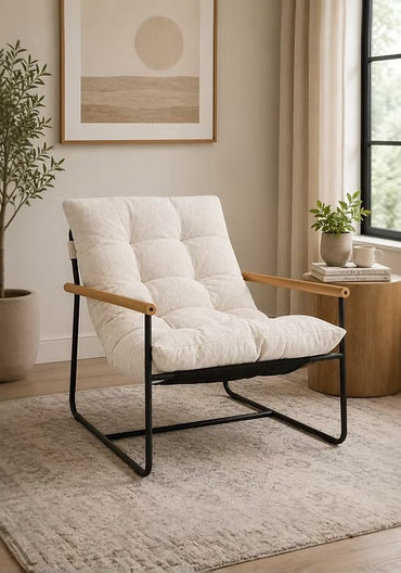 Modern Tufted Accent Chair with Wood Armrests,Beige