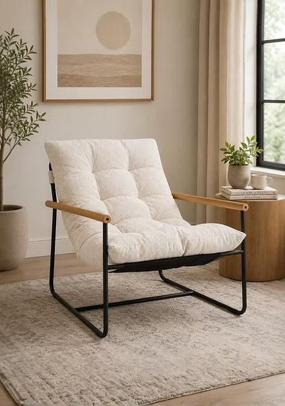 Modern Tufted Accent Chair with Wood Armrests,Beige