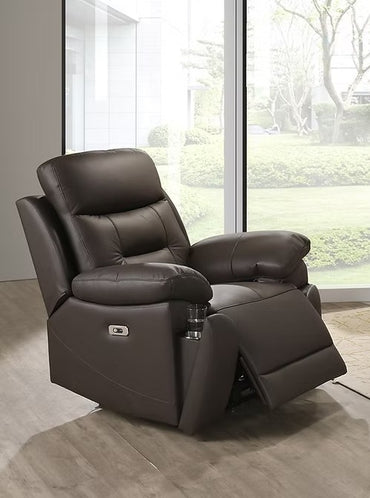 Genuine Leather Power Recliner with Charging Station, Brown