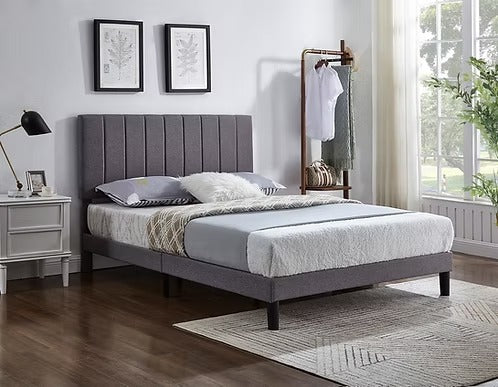 Vertical-Tufted Upholstered Platform Bed,Grey