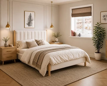 Scandinavian Channel-Tufted Platform Bed,Natural Oak & Cream