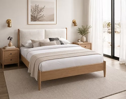 Scandinavian Wood Platform Bed with Upholstered Headboard,Natural Oak