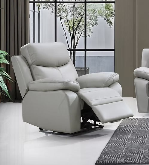 Genuine Leather Power Recliner with Charging Station, Light Grey
