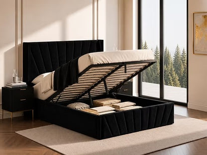 51” Wingback Headboard Fan Tufted Lift Up Storage Bed