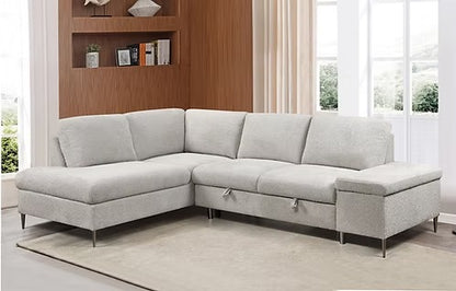 Modern Bouclé Sleeper Sectional with Storage Chaise,Soft Grey